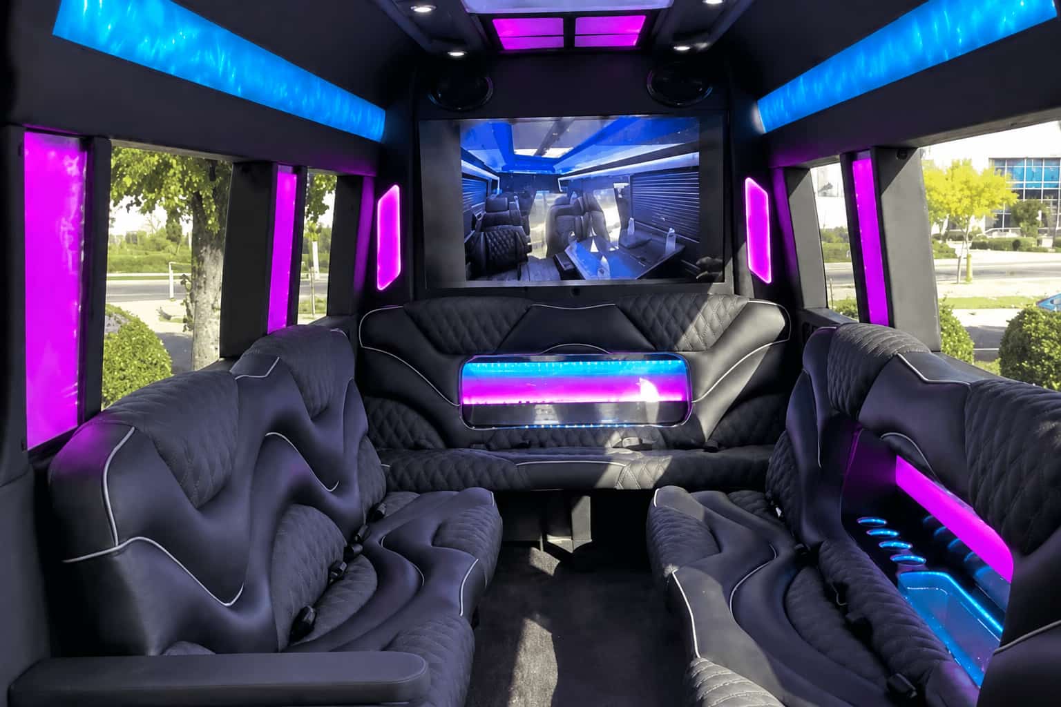 Luxury limousine interior with premium seating and lighting